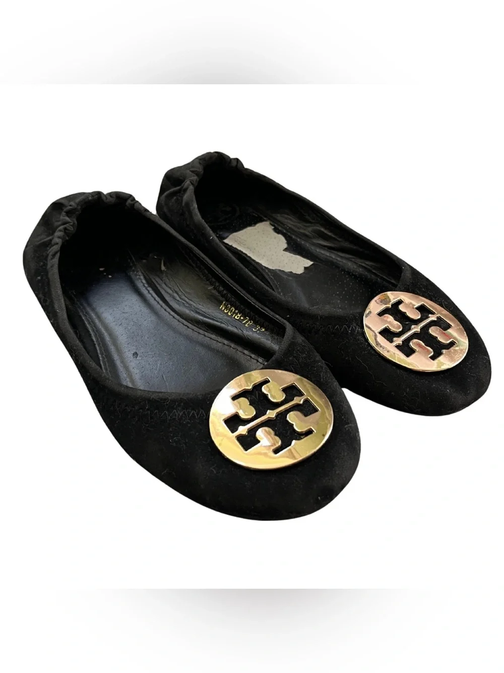 Tory Burch Reva Ballet Flats 7 Black Velvet Gold Medallion Logo Designer Office